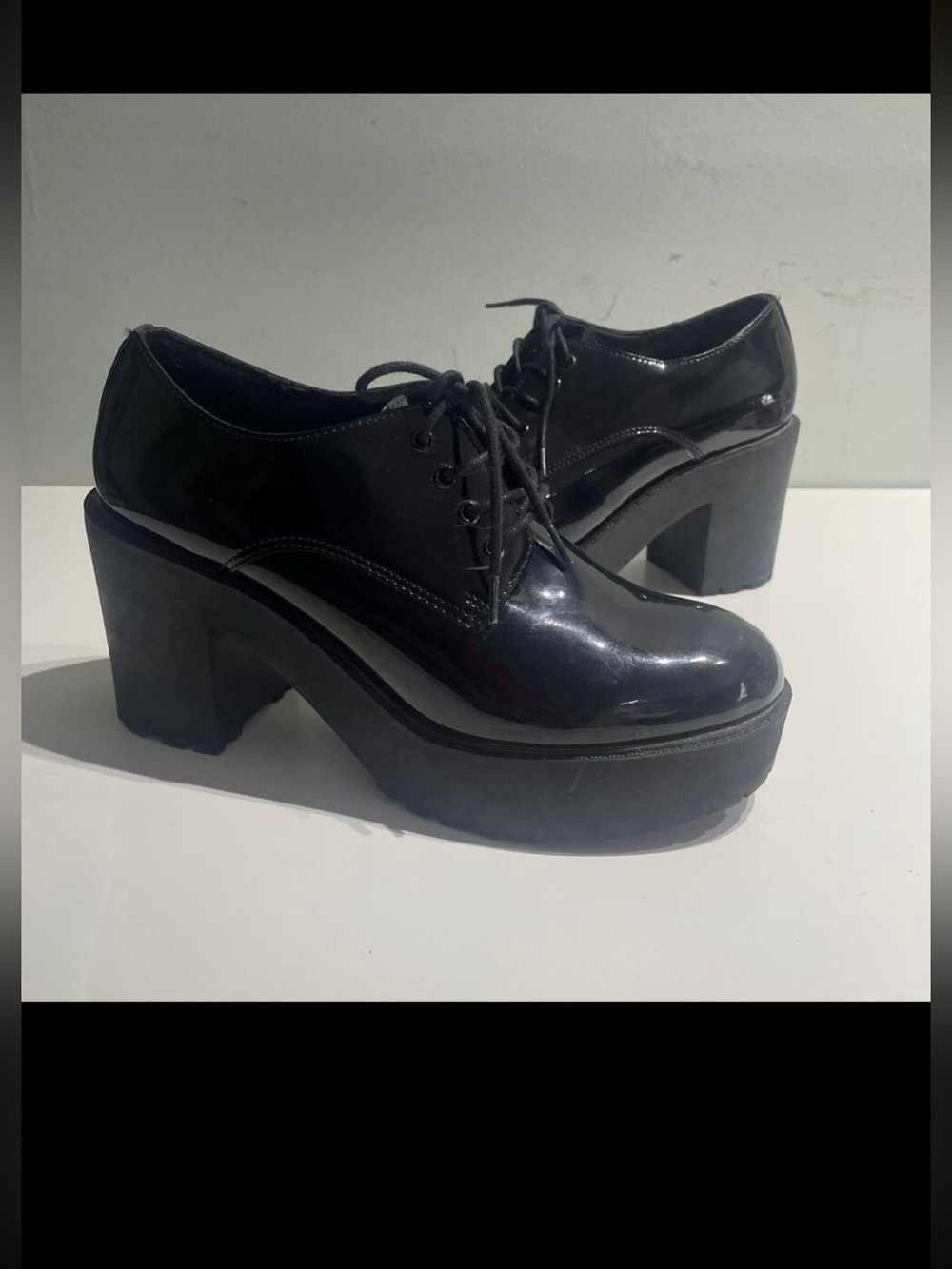 Black patent leather platform oxfords with chunky heel